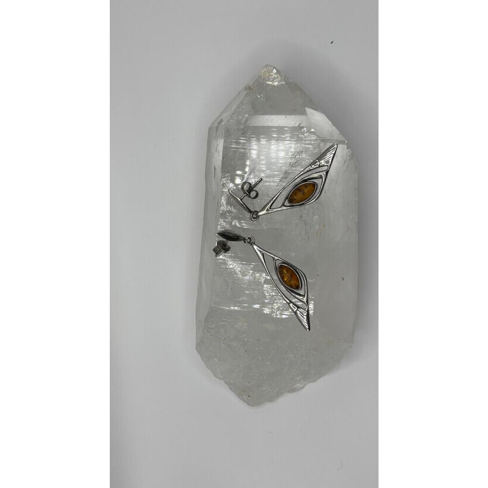 Vintage Handcrafted 925 Silver Dangle Earrings with Amber Stone - Picture 10 of 13